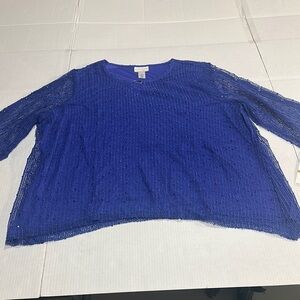 NWT Alfred Dunner Women's Blue Top elbow length w tiny v neck silver accessory